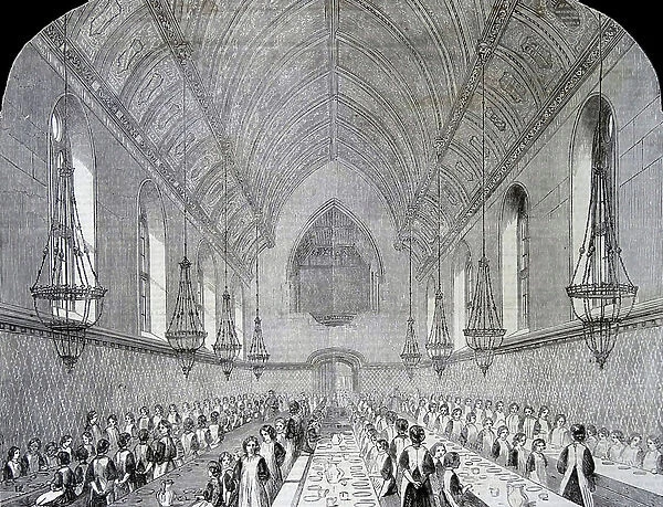 Orphan girls dining in the Great Hall of the Victoria Patriotic Building, 1860 (engraving)