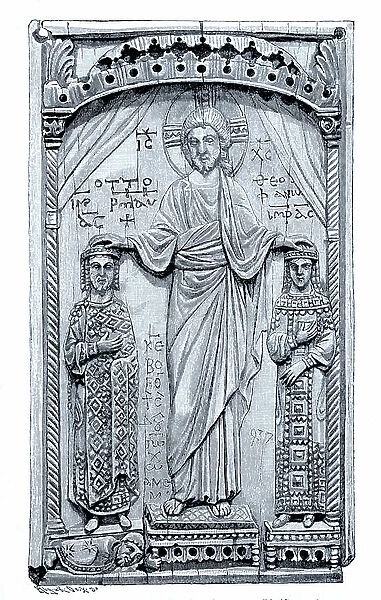 Otto II and his wife Theophano being blessed by Christ, ivory carving on a box, reliquary