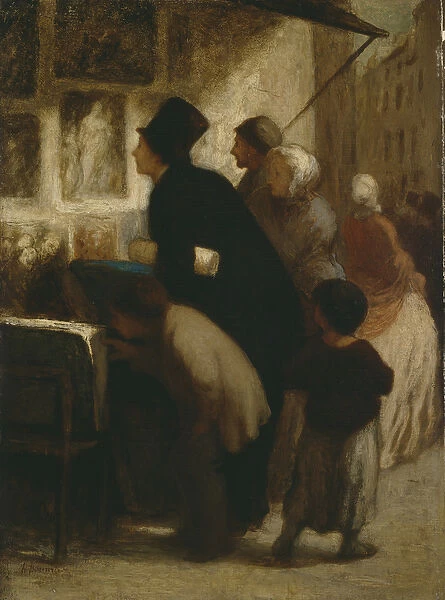 Outside the Print- Sellers Shop, c. 1860-1863 (oil on panel)