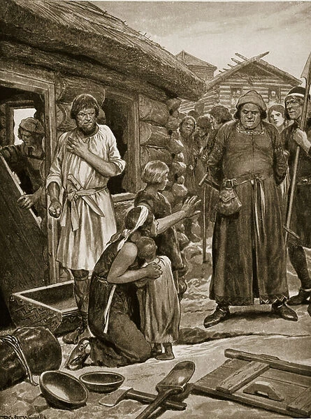 Over-taxed subjects ejected from their houses, illustration from Hutchinson