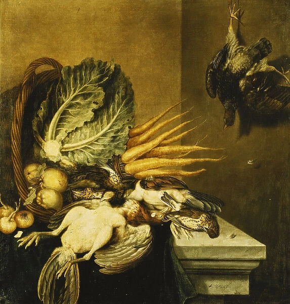 An Overturned Basket of Fowl, Turnips, Apples, Onions and a Cabbage on a Ledge Draped