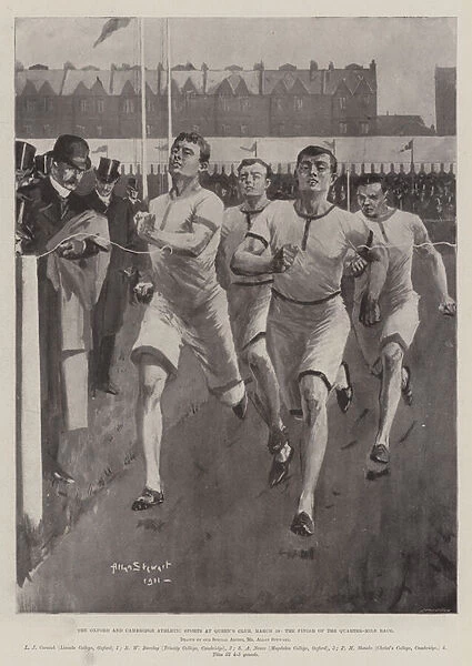The Oxford and Cambridge Athletic Sports at Queens Club, 29 March, the Finish of the Quarter-Mile Race (engraving)