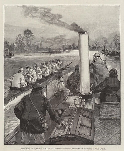 The Oxford and Cambridge Boat-Race, Mr Muttlebury coaching the Cambridge Crew from a Steam Launch (engraving)
