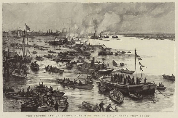 The Oxford and Cambridge Boat-Race, off Chiswick, 'here they come!'(engraving)