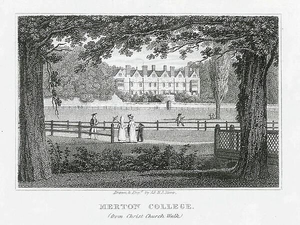Oxford: Merton College, from Christ Church Walk (engraving)