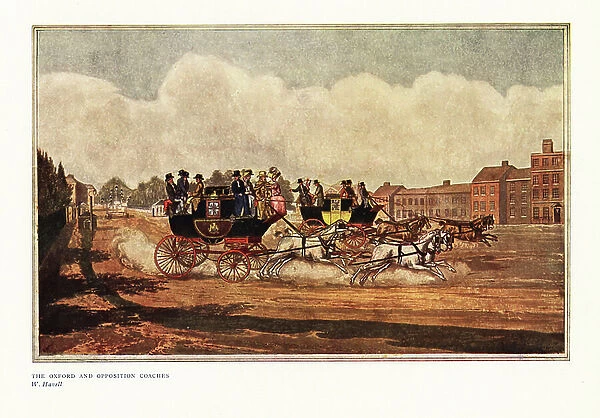 The Oxford and Oppostion coaches. Famous race between two coaches, The Oxford Age and the Royal William, between Oxford and London, May 1, 1834. Two four-horse coaches racing along a broad road past a toll booth