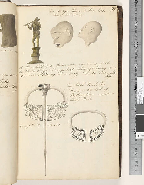 Page 31. Two antique heads in terra cotta;a household god;two steel neck, pins, 1810-17 (w  /  c & manuscript text)