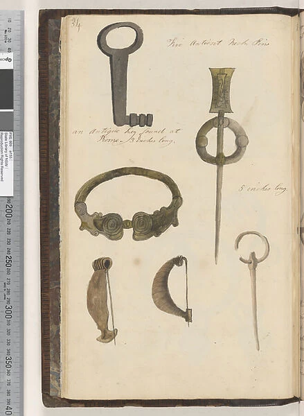 Page 34. An antique key;five antient neck pins, 1810-17 (w  /  c & manuscript text)
