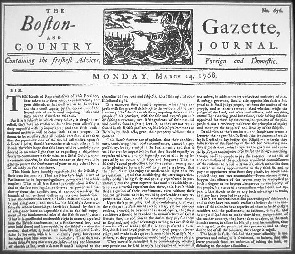 Front page of the Boston Gazette containing a circular letter by Samuel Adams to a
