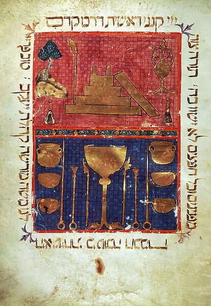 Page of a manuscript of a Hebrew Bible. Objects of worship. 14th century manuscript