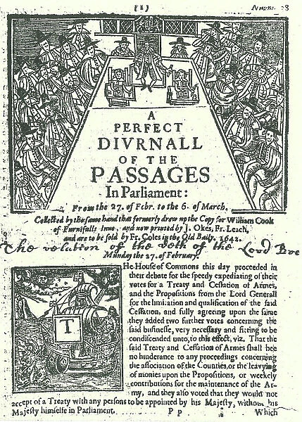 Page of A Perfect Diurnal of the Passages in Parliament, London, 1642. This daily account of the proceedings of Parliament for 27 February to 6 March, 1642 shows Parliament in session