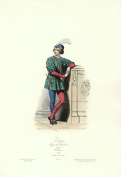 Page, reign of Charles V, 1380. Handcoloured steel engraving by Polidor Pauquet from a drawing by Xavier Willemin (1763-1833) from the Pauquet Brothers ' Modes et Costumes Historique' (Historical Fashions and Costumes), Paris, 1865. Hippolyte (b)