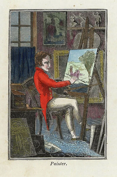 Painter in his atelier - Gentleman painter with paintbrush in front of an easel in his atelier. Handcoloured woodcut engraving from The Book of English Trades and Library of the Useful Arts