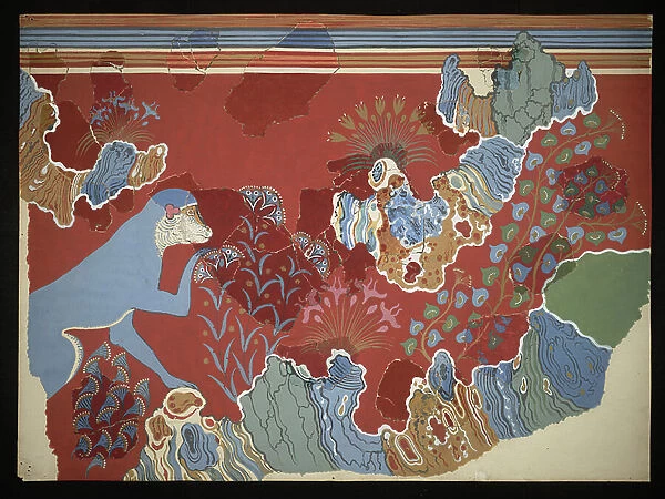 Painting of the Blue Monkey in a Rocky Landscape fresco from the House of the Frescoes at Knossos (Evans Fresco Drawing C / 6), circa 1928 (paper, pigment)