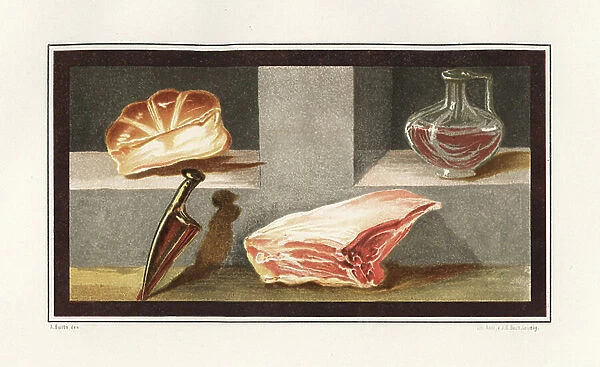 Painting of a still life showing meat, wine, bread and a knife from the ala at house 16, Regio IX, Insula V. Chromolithograph by J.G. Bach after an illustration by Miss Amy Butts from Emile Presuhn (1844-1878)