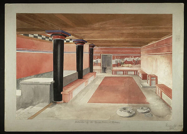 Painting of the reimagined Throne Room of the Palace of Minos at Knossos (Evans Fresco Drawing B / 4 a)), 1901 (paper, pigment)