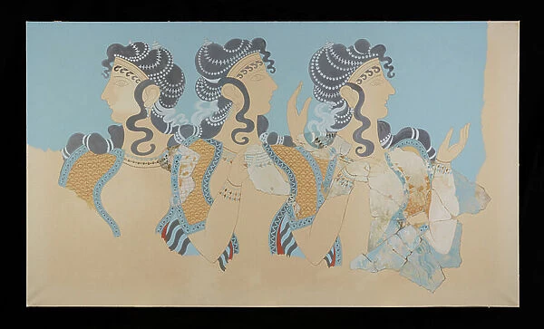 Painting of the restored Ladies in Blue Fresco from the Palace of Minos at Knossos (Evans Fresco Drawing O / 7), 1900-50 (paper, pigment)