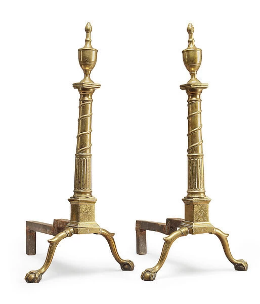 A pair of Chippendale bright-cut decorated andirons, possibly Philadelphia