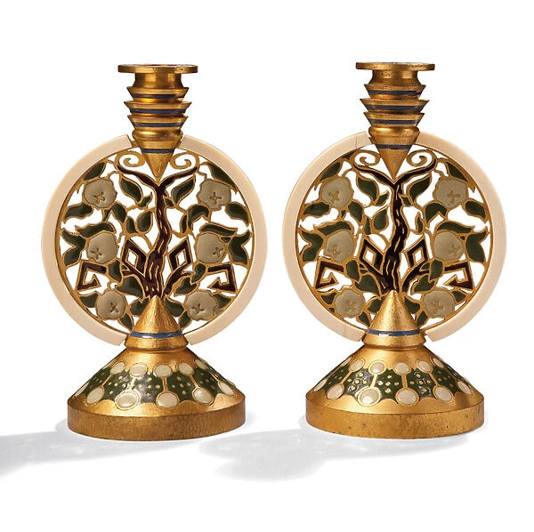 A pair of gilt bronze enamel and ivory candlesticks, c. 1907 (gilt bronze enamel, ivory)