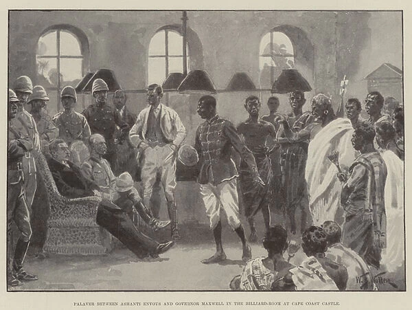 Palaver between Ashanti Envoys and Governor Maxwell in the Billiard-Room at Cape Coast Castle (litho)
