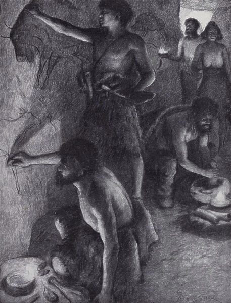 Paleolithic people creating cave paintings (litho)