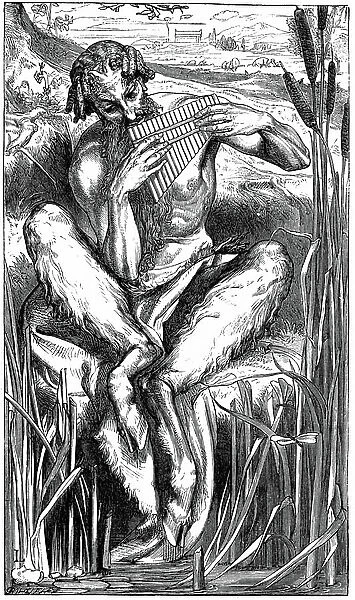 Pan playing his pipes. Illustration by Frederic, Lord Leighton (1830-1896) for Elizabeth Barrett Browning's poem A Musical Instrument What is he doing, thre great god Pan / Down in the reeds by the river?. Wood engraving, London, 1862