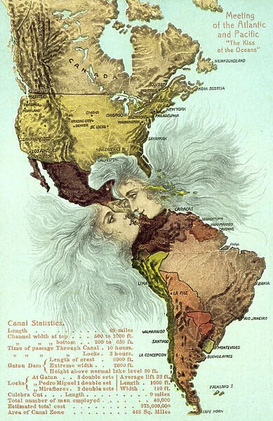 The Panama Canal, Pacific and Atlantic oceans kissing (colour litho)