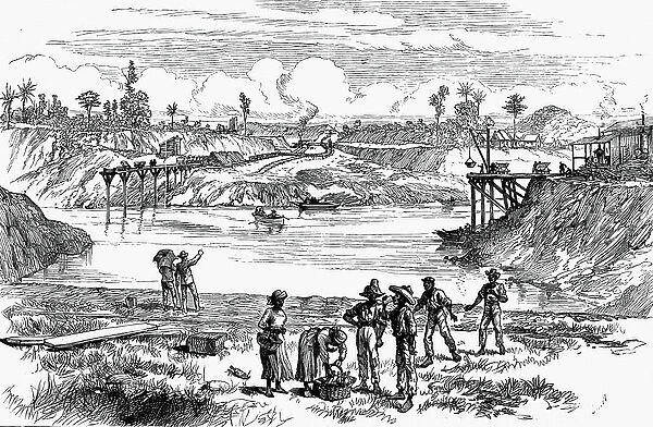 Panama Canal: Scene during the de Lesseps attempt to dig the canal, showing West Indian labourers purchasing refreshment. Wood engraving 1888