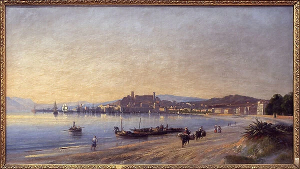 Panorama of Cannes from the shore. Painting by Adolphe Fioupou (1824-1899), oil on canvas, 1860, 19th century Fancais art. Musee de la Castre, Cannes