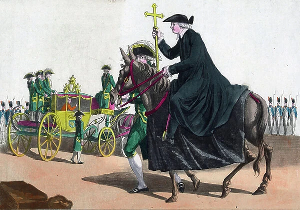 A papal nuncio, Mr Speroni, on horseback being led by a guard