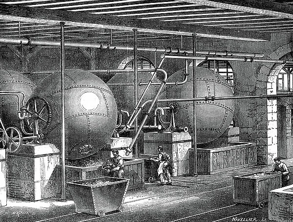 Paper industry: rotary washing machines. Engraving 1867