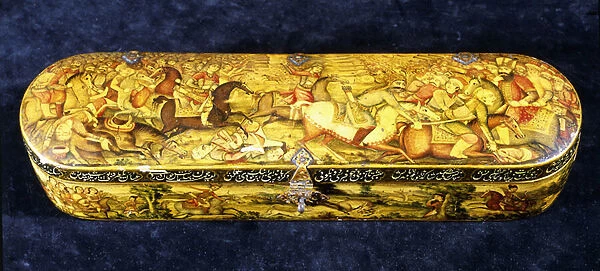 A papier mache pen box, the top painted with the battle of Chaldiran, 18th century (papier mache)