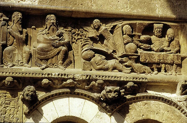 Parable of Lazarus and the evil rich. 12th century frieze