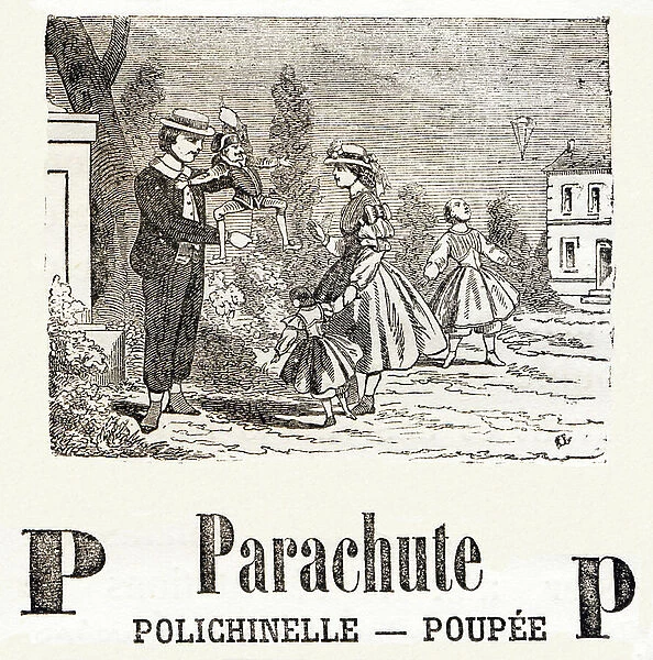 Parachute - Polichinelle - Doll - Engraving by Lesestre Pere in 'New Alphabet of Children's Games and Recreations' 1881 Dimensions: 17, 5 x 11 cm