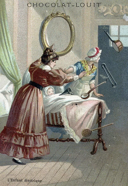 Paranormal activity: a newborn moving objects by levitation (poltergeist or telekinesis) Chromolithography of the end of the 19th century Private collection