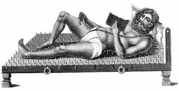 Pararum Soatuntre Perkasanund, who displayed his devotional discipline by reclining on a bed of iron spikes. These Hindu philosophers and holy men followed an ancient tradition, and were known to the Greeks as Gymnosophists. Engraving, London, 1811