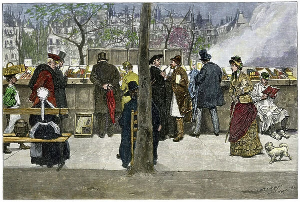 Paris bookstall, 1880s - Bookstall on a Paris boulevard along the Seine, 1880s