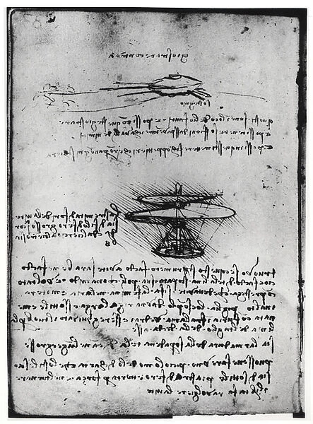 Paris Manuscript B, fol. 83v: Page of text and sketches for a flying machine