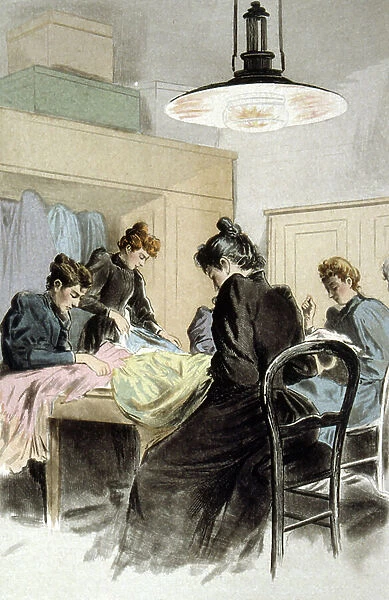 Paris seamstresses work in a clothing sweatshop, France. By Pierre Vidal, 1894 (engraving)