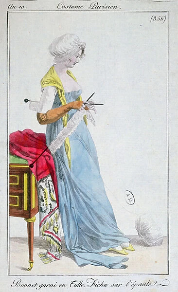 Parisian costume: bonnet trimmed with tulle, fichu on the shoulders