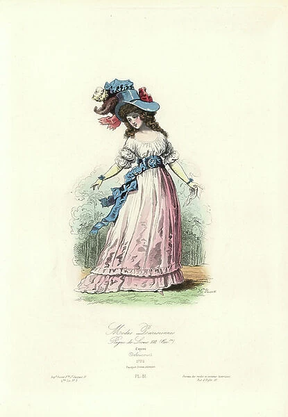 Parisian fashion, reign of Louis XVI, 1792. Handcoloured steel engraving by Hippolyte Pauquet after Philibert-Louis Debucourt from the Pauquet Brothers ' Modes et Costumes Historique' (Historical Fashions and Costumes), Paris, 1865. Hippolyte (b)
