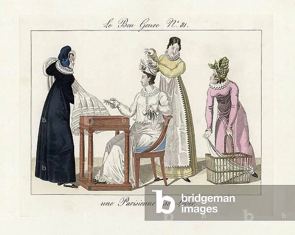 A Parisian woman dressing. A merchant displays an elegantly frilled dress, while shopgirls fix her bonnet and bring fabric. Handcoloured engraving from Pierre de la Mesanger's Le Bon Genre, Paris, 1817