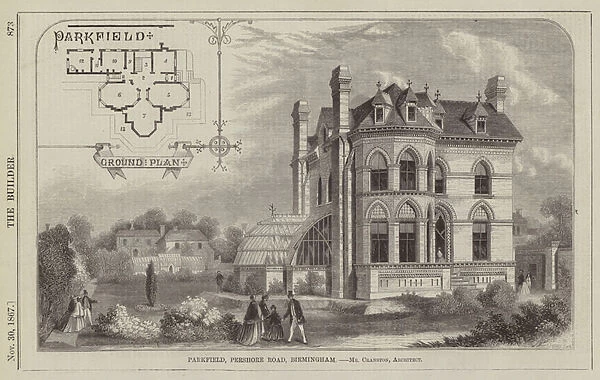 Parkfield, Pershore Road, Birmingham, Mr Cranston, Architect (engraving)