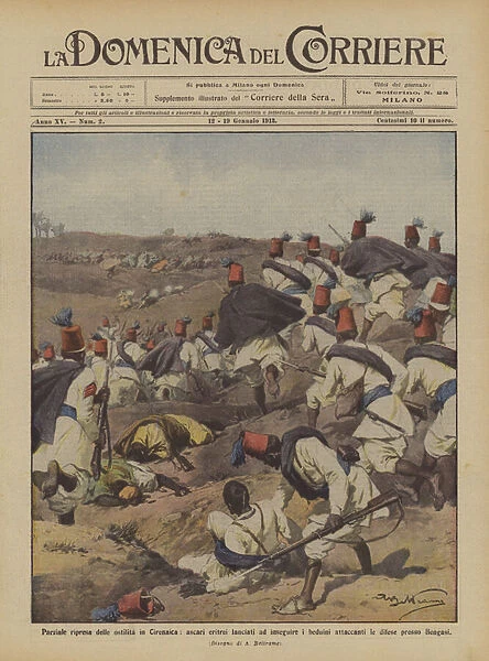 Partial resumption of hostilities in Cyrenaica, Eritrean ascaris launched to chase the Bedouins... (colour litho)