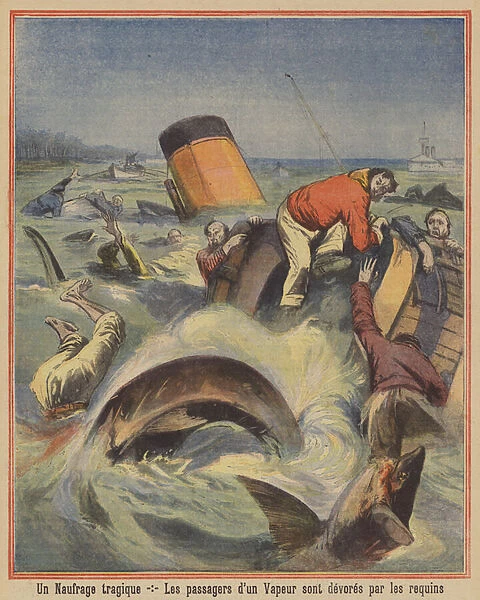 Passengers from a sinking steamship being devoured by sharks (colour litho)