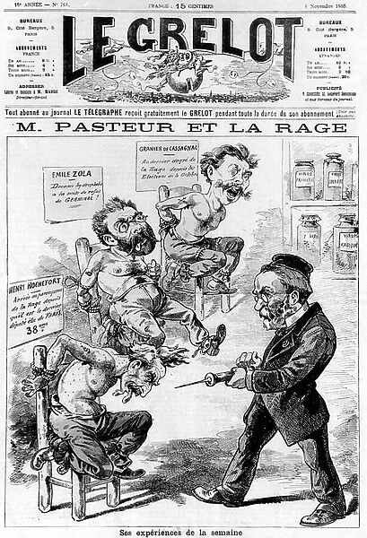 Pasteur and the rabies : Cartoon of Henri Rochefort (deputy of Paris), Emile Zola (writer) and Granier de Cassagnac are vaccinated by Louis Pasteur, front page of paper 'Le Grelot' november 8, 1885