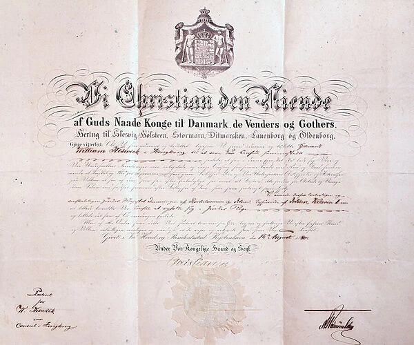 Patent signed by Christian IX of Denmark appointing William Keswick as Danish consul in Hong Kong, China, 1880 (pen & ink)