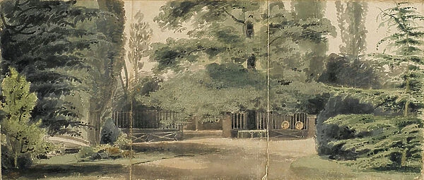 Paths and a fence beneath trees in the grounds at Merton, 1804 (watercolour, pen, ink)