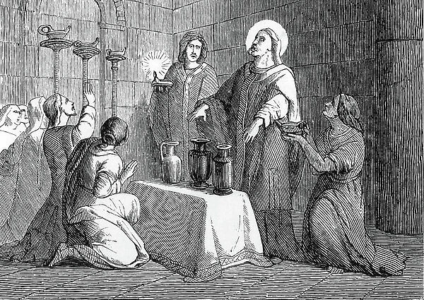 Patriarch Narcissus of Jerusalem changing water into oil to supply all the lamps of the church. 19th (engraving)