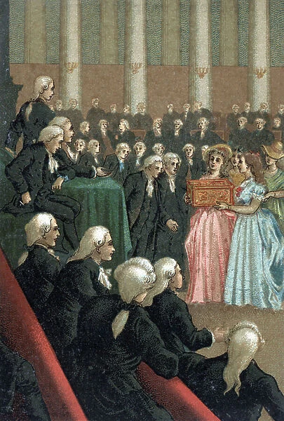 Patriotic gifts, 27 September 1789: the women of the most distinguished artists presented themselves at the National Assembly and placed on the desk a box filled with jewelry. Good point, around 1890. Chromolithography